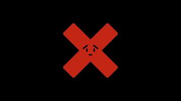 Red cross icon with a sad smiley face. Wrong decision, disagreement. Close, cancellation, wrong and reject symbol. Cross icon animation on transparent background with alpha channel video