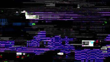 Abstract tech signal disruption digital glitch damaged effect textured overlay VHS Style and light glow neon background. video