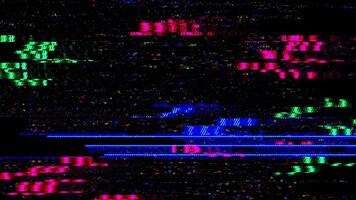 Abstract tech signal disruption digital glitch damaged effect textured overlay and light glow neon background. video