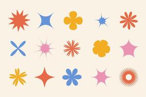 Set of abstract shapes star flowers sparks trendy yk retro badges smooth and angular geometric vector