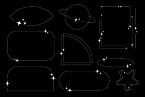 Set of geometric aesthetic abstract white linear frames and shapes with stars in boho brutalism style on black background Y2K vector