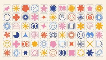 Retro-futuristic design elements in vintage colors. Large collection of colorful abstract graphic geometric symbols and objects in y2k style. Templates for notes, posters, banners, stickers, business vector