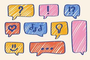 Speech bubble filled with pencil, question mark, exclamation mark, smiley, three dots, heart, light bulb, idea, music, notes. Bright speech bubble vector