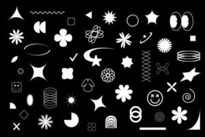 Big collection of white abstract graphic geometric symbols white color and objects in y2k style. Retro futuristic elements for design. vector