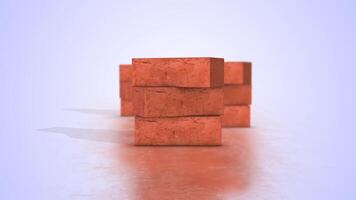 3D Orange and Red Single Bricks on a Reflective Floor. Bricks 3D Animation. 4K video