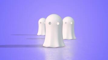 3D White Ghosts in Soft Lighting. Three ghost figures on a purple background. 4K video