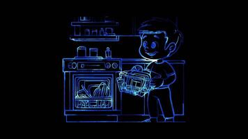 Neon frame effect, Dishwasher For automated dish cleaning on black background video