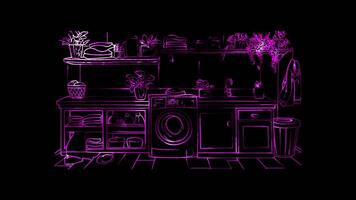 Neon frame effect, Washing Machine Symbol for laundry chores on black background video