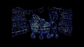 Neon frame effect, Shopping Cart Symbolizing grocery shopping on black background video