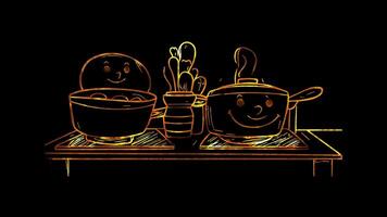 Neon frame effect, Cooking Pot For cooking and food preparation tasks on black background video