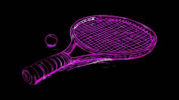 Neon frame effect, Tennis Racket A racket with a net and a tennis ball on black background video