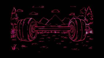 Neon frame effect, Weightlifting Bar A barbell with weights on black background video