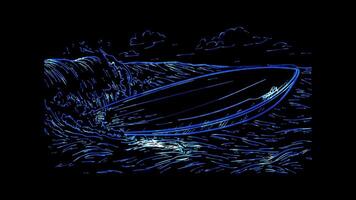 Neon frame effect, Surfboard A long board used for surfing waves on black background video