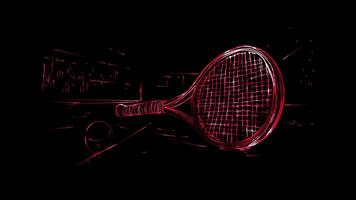 Neon frame effect, Tennis Racket A racket with a net and a tennis ball on black background video