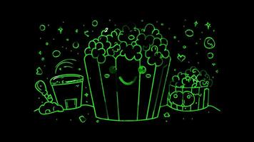 Neon frame effect, Popcorn - Indicates snacks or movie-related food on black background video