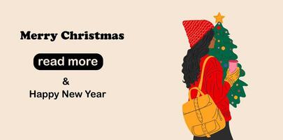 Web page design template. A girl in a hat with a backpack stands in front of a Christmas tree with a cup of coffee. vector
