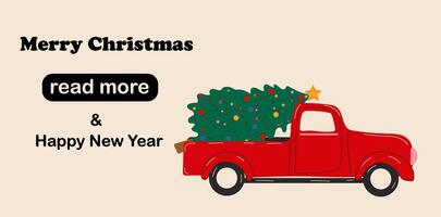 Web page design template. Pickup truck with christmas tree vector