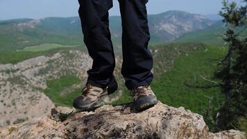 Front view low section of man enjoying time in nature, wearing outdoor boots, stepping over a log, walking in mountains video