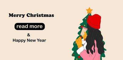 Web page design template. A girl in a hat with a backpack stands in front of a Christmas tree with a cup of coffee. vector