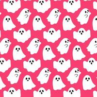Seamless pattern with cute ghosts on pink. Halloween background design. Repeating print for fabric, wrapping paper, textile vector