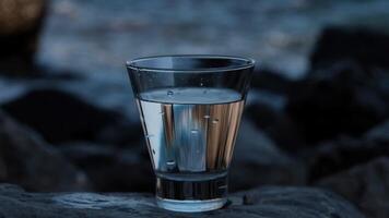 close-up glass with drinking water standing in the beach. beautiful seascape in the background, cliffs, surf video