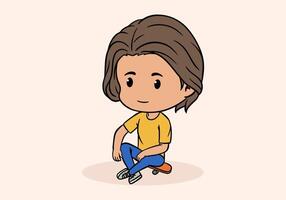 Cute boy chibi character in sit on skateboard with clean background vector