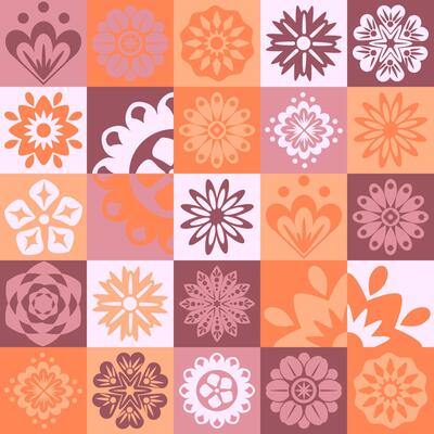 Trengy Mosaic seamless pattern geometric in folk Scandinavian style. Squares with flowers pastel pink orange background
