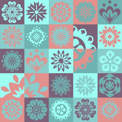 Trengy geometric Mosaic seamless pattern geometric in folk Scandinavian style. Squares with flowers pastel pink blue purple background
