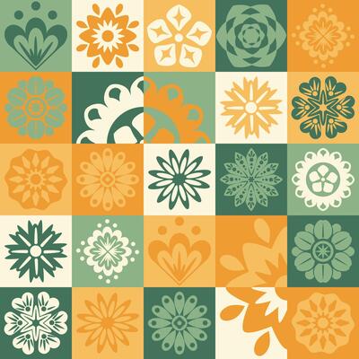 Trengy geometric Mosaic seamless pattern geometric in folk Scandinavian style. Squares with flowers pastel green orange background