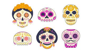 Set of skeleton decorated with flowers and decorative elements. Festive sugar skull for the Mexican Day of the Dead, Dia de los Muertos. vector