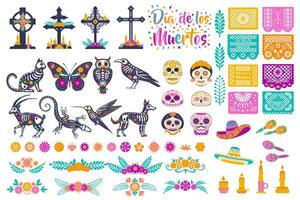 large set elements Mexican day of the dead with skeletons of animals with flowers, botanical floral borders, altars with crosses grave, sugar skulls and papel picado isolated on a white background vector