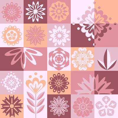Trengy Mosaic seamless pattern geometric in folk Scandinavian style. Squares with flowers pastel light pink orange tone background