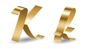 Golden Ribbon K Script Letters with Shadows. Alphabet Signs in Gold Tape Isolated on White Background vector