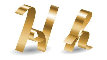 Golden Ribbon H Letters with Shadows. 3D Alphabet Signs Isolated on White Background vector