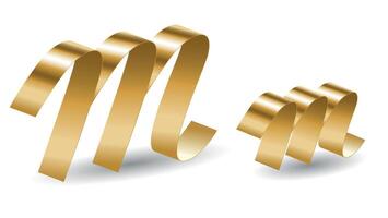 Golden Ribbon Script Lettering M Letters with Shadows. Alphabet Signs Isolated on White Background vector