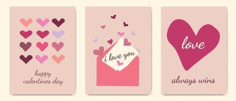 Set of three Valentine's day cards with pink and red hearts, love messages, and envelope on beige background vector