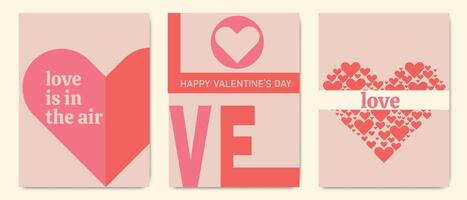 Set of three Valentine's day cards with love messages, heart shapes, and modern typography on beige background. vector