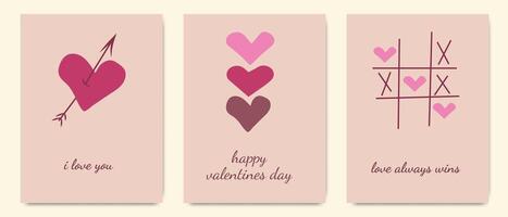 Set of three Valentine's day cards with pink and red hearts, arrows, and tic-tac-toe game on beige background vector