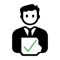Businessman holding a checklist with a green checkmark, indicating successful task completion in a professional setting vector