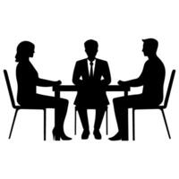 Two individuals engage in a discussion with a leader during a meeting around a table in a professional setting vector