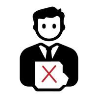 A businessman holding a document with a red cross symbol while wearing a suit in a professional setting during daylight hours vector