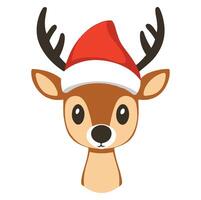 A cheerful reindeer wearing a red Santa hat celebrating the holiday spirit in a festive and playful illustration style vector