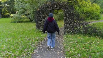 A woman in a burgundy hoodie walks through a handcrafted arch made of branches in a peaceful autumn park. Captured from behind, the wide-angle shot emphasizes the natural scenery and fallen leaves video