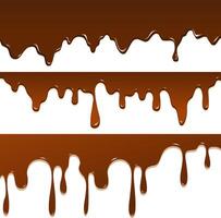 Set of realistic dripping brown chocolate illustrations isolated in white background vector