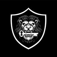 lion head with key in shield logo vector
