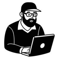 a man with a beard and glasses is working on a laptop vector