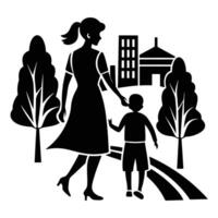 silhouette of a woman and child walking in the park vector