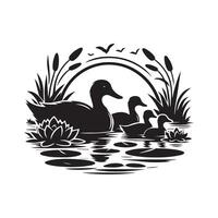 ducks in the water with reeds and lily pads vector