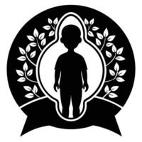 a black and white silhouette of a child with leaves around him vector