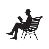 A minimalist illustration of a black silhouette of a person sitting on a park bench reading a book. vector